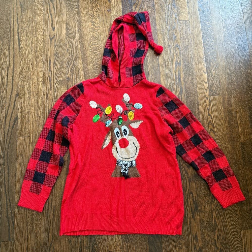 Red Plaid Reindeer Sweater Hoodie